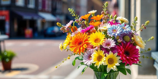 Kleurrijke bloemen in een vaas, snel bezorgd in Amsterdam.