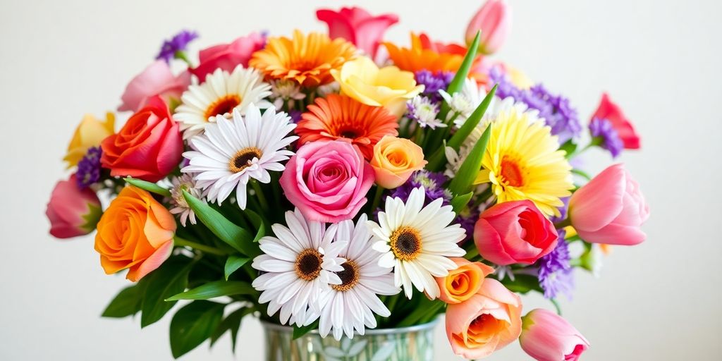 Een kleurrijk boeket bloemen in een vaas.