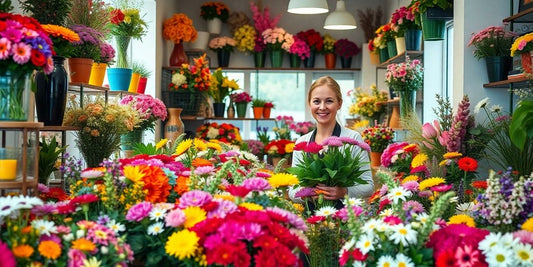 Bloemenwinkel met kleurrijke boeketten en een vrolijke bloemist.