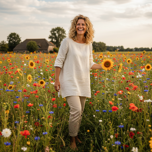 vrouw die super blij is tussen de biologische bloemen 