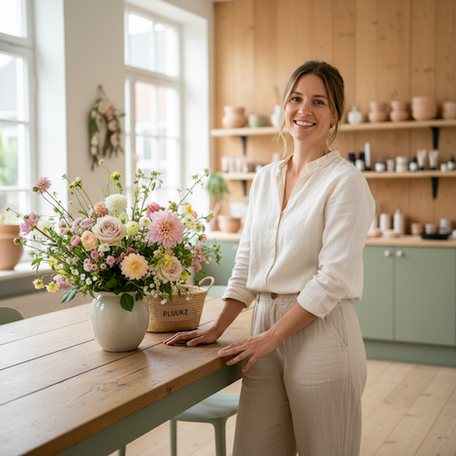 vrouw die super blij is met haar bloemen 