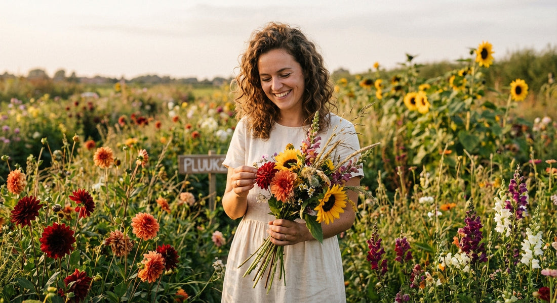 vrouw die prachtige bloemen plukt 