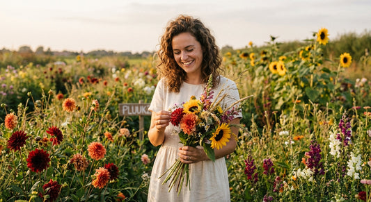 vrouw die prachtige bloemen plukt 