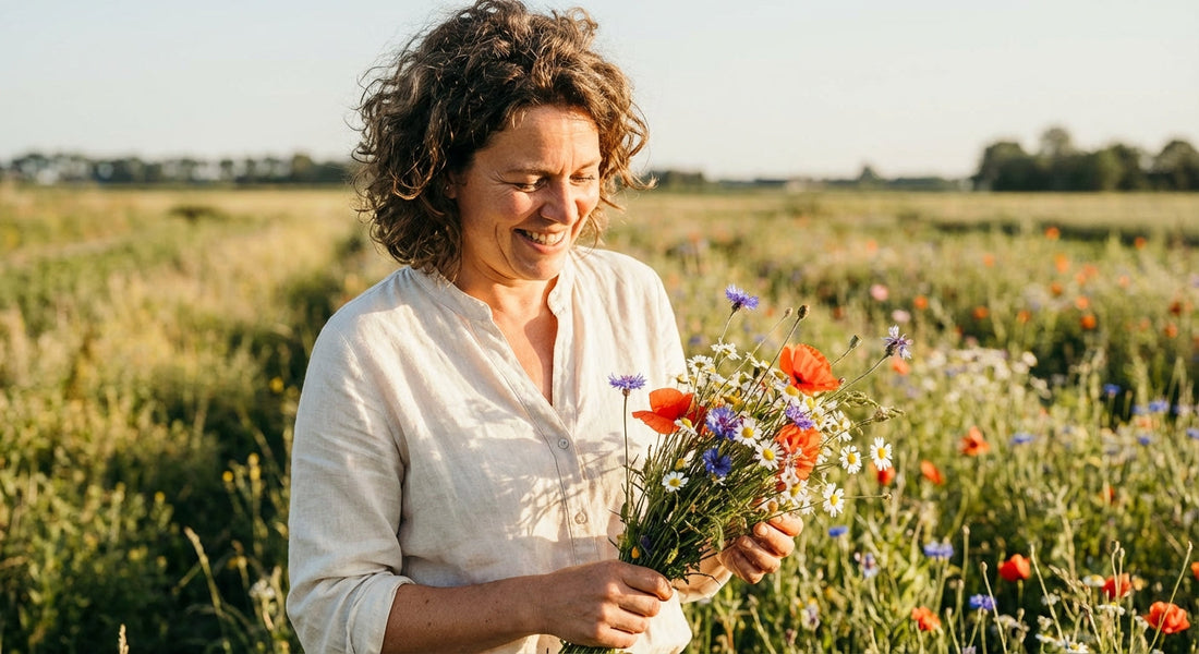 vrouw met prachtige bio bloemen 