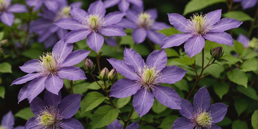 Clematis bloemen in volle bloei in een tuin.