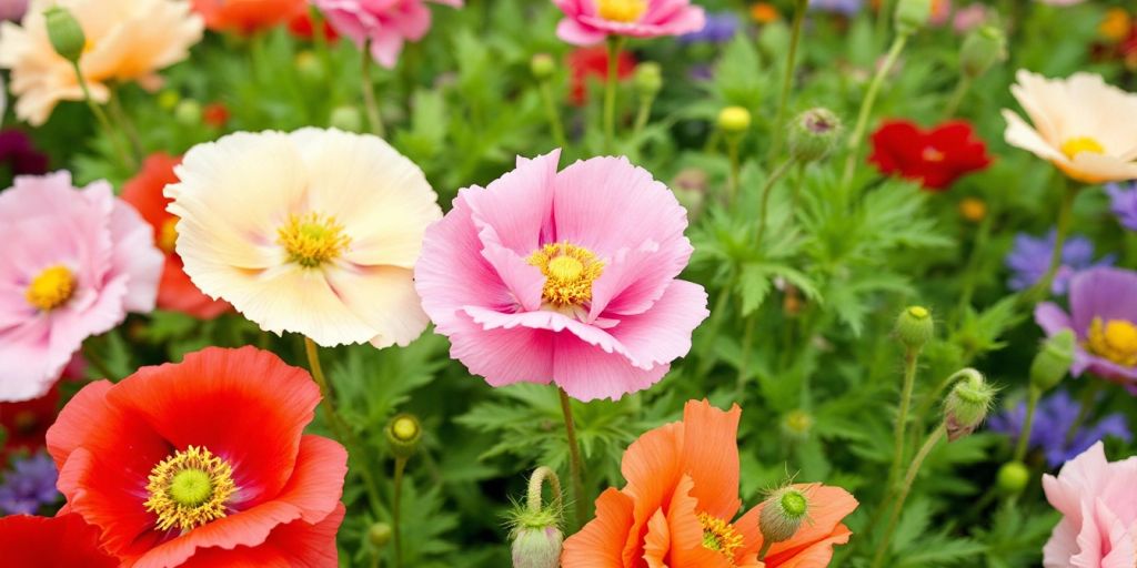 Kleurige papaverbloemen in een groene tuin.