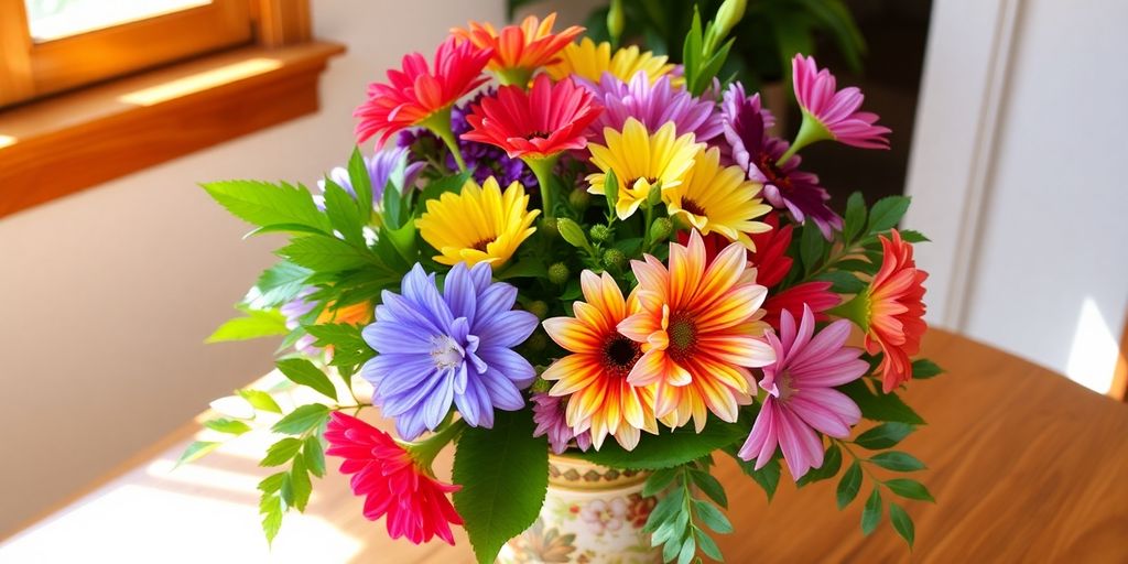 Een kleurrijk boeket bloemen in een vaas.
