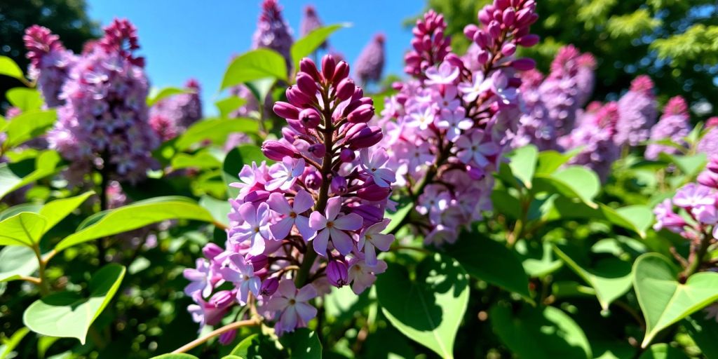 Bloeiende seringen in een groene tuin onder een blauwe lucht.