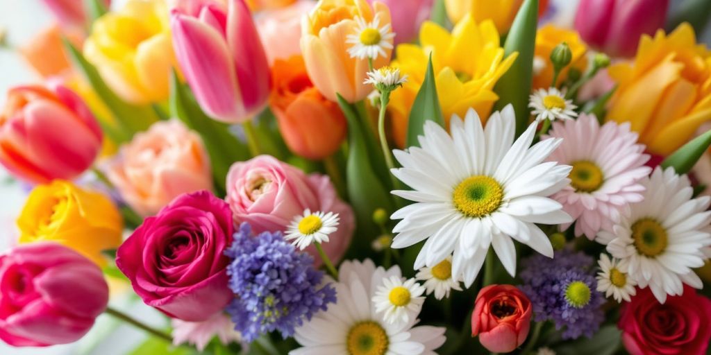 Bovenaanzicht van een kleurrijk boeket bloemen.