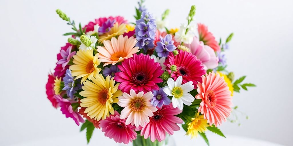 Kleurrijke bloemen in een stijlvolle vaas.