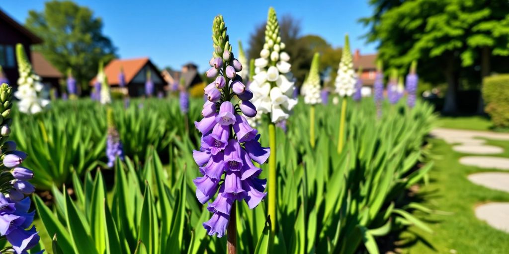 Kleurrijke tuin met ridderspoor en groene bladeren.