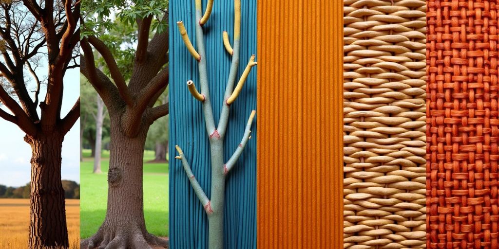 Acacia bomen en geweven textiel in natuurlijke kleuren.