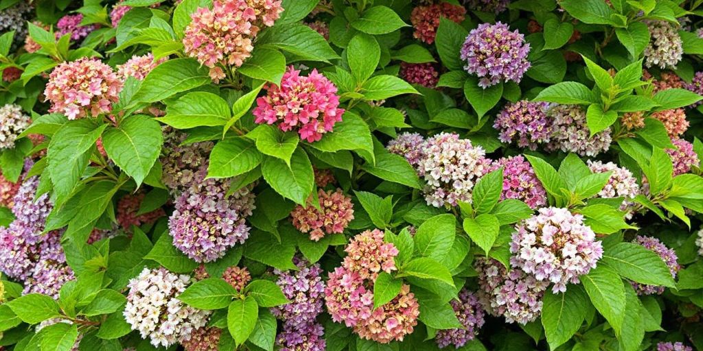 Viburnum struik met kleurrijke bloemen en groene bladeren.