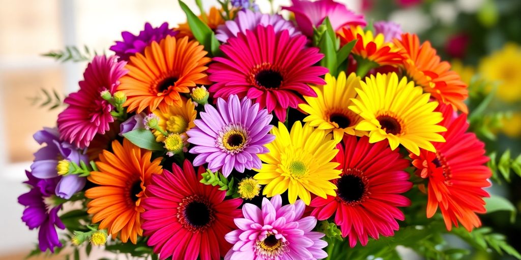 Een kleurrijk boeket met verschillende bloemen in een vaas.