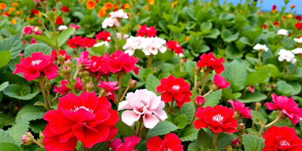 Bloeiende Begonia's in rood, roze en wit