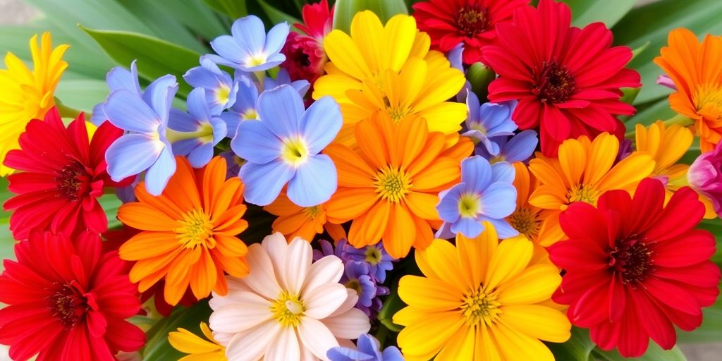 Kleurrijk boeket bloemen met diverse kleuren en vormen.