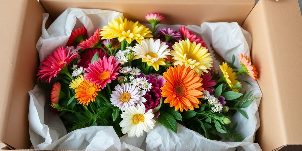 Veilig verzenden van kleurrijke bloemen in doos.