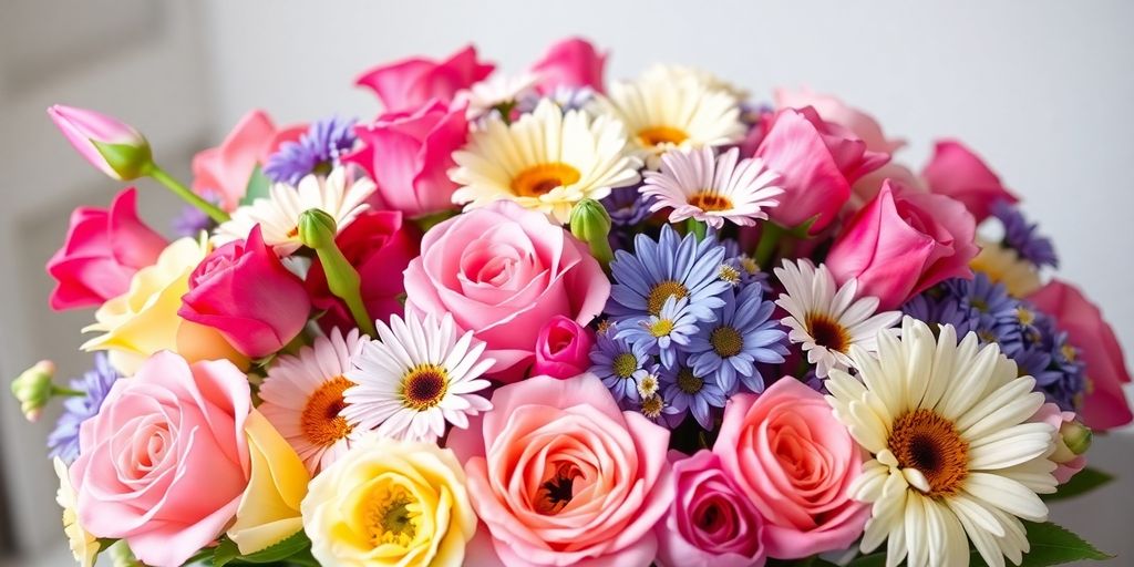 Kleurrijk boeket met rozen, tulpen en madeliefjes.