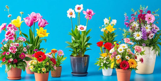 Kleurrijke bloemen en weelderige planten in potten.