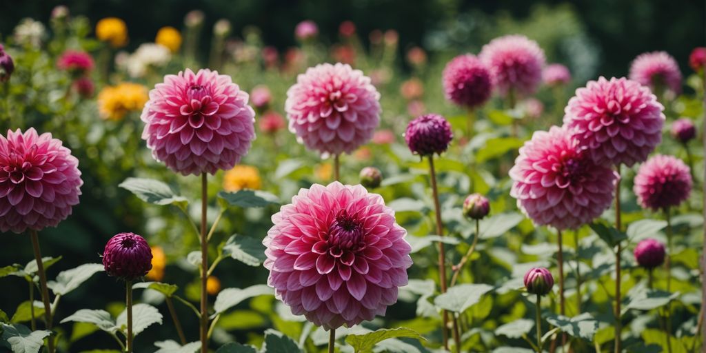 Prachtige dahlia bloemen in verschillende kleuren in de tuin.