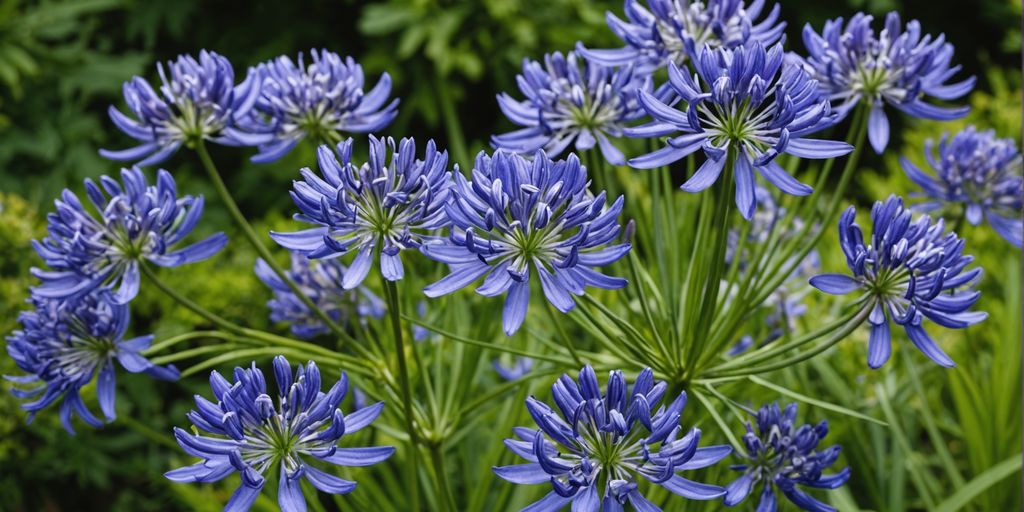 Agapanthus bloemen bloeien in een kleurrijke tuin.