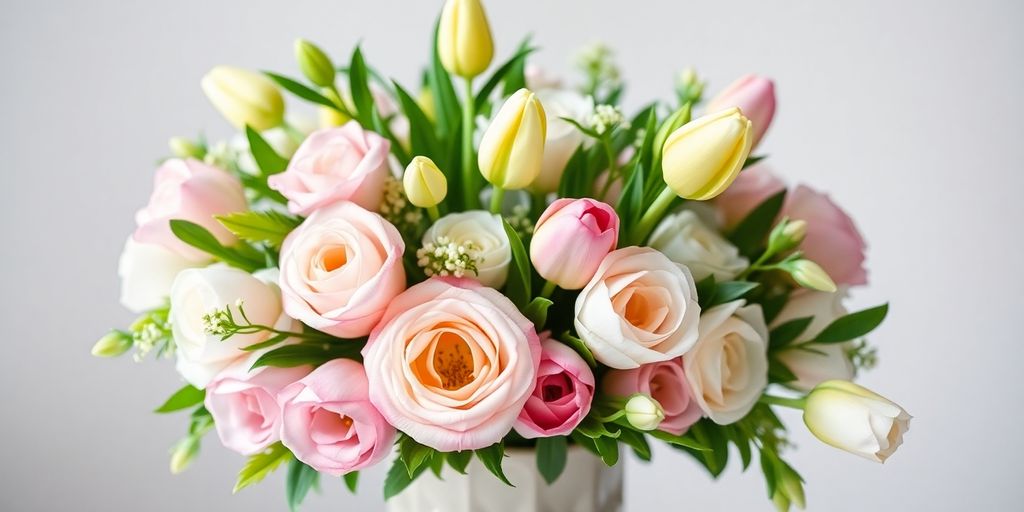 Elegant bloemenboeket met rozen en tulpen.