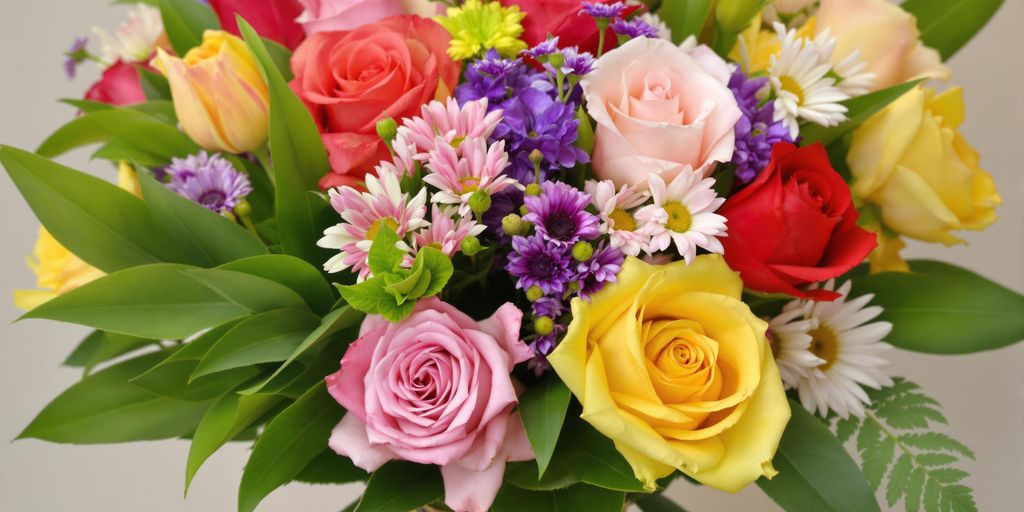 Kleurrijk boeket met rozen, tulpen en margrieten.