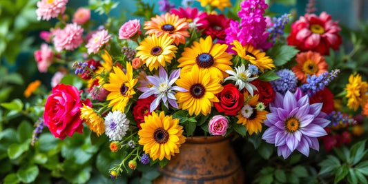 Een kleurrijke bloemenarrangement in een vaas.