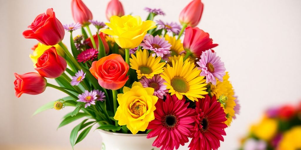 Prachtige bloemen in een vaas, kleurrijk en fris.