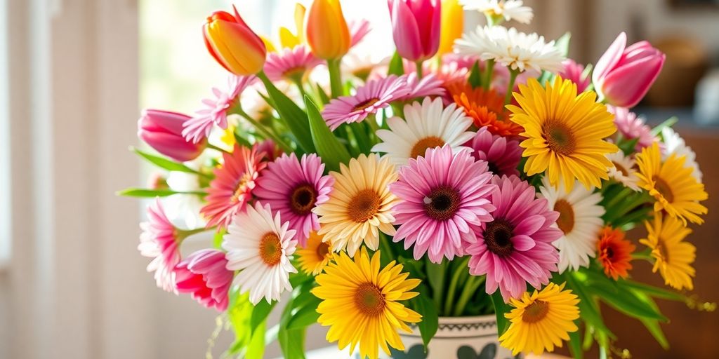 Heldere bloemen in een mooie vaas.