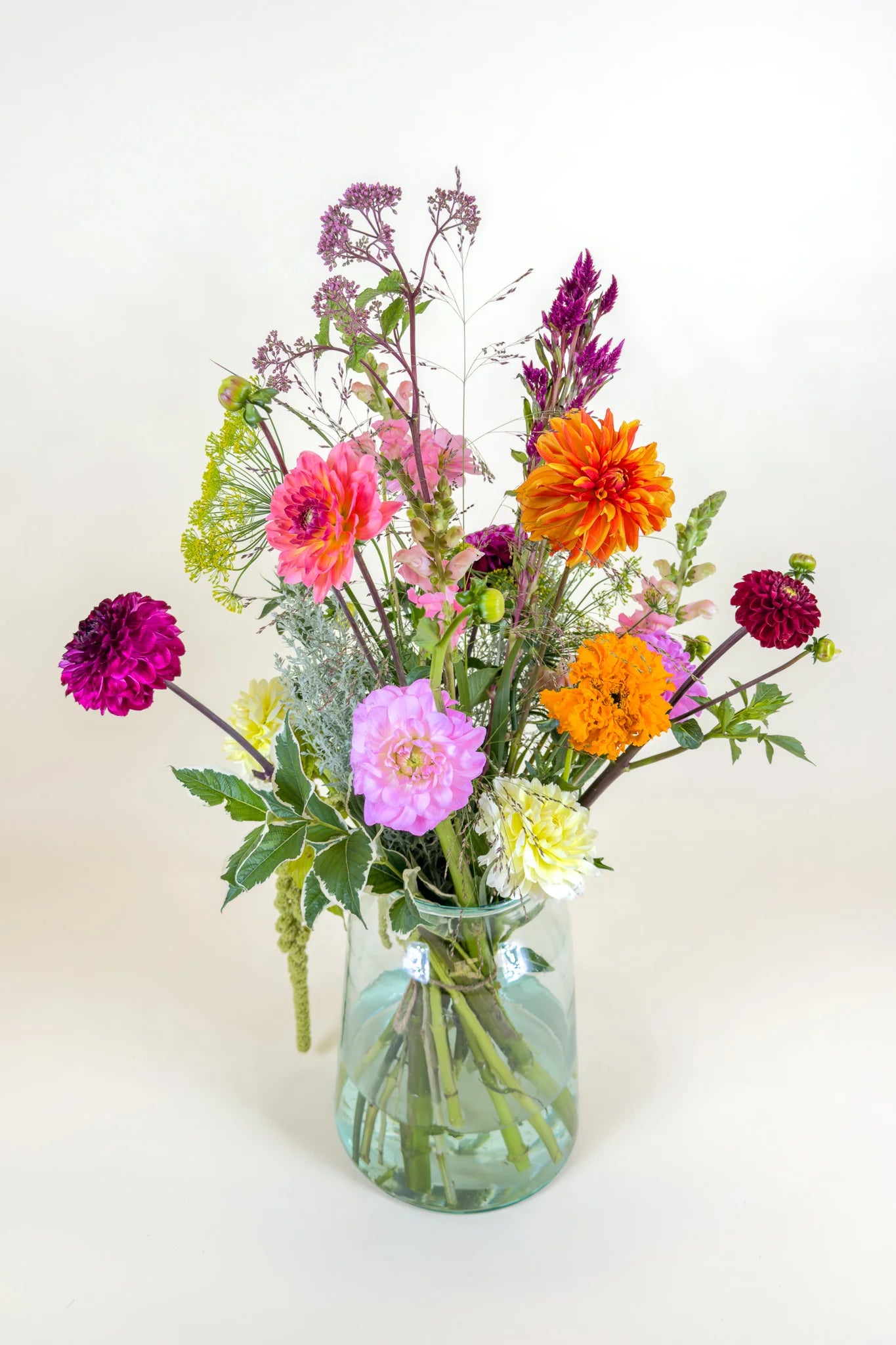 Medium signature boeket biologisch met dahlia, magenta celosia en oranje afrikaantje