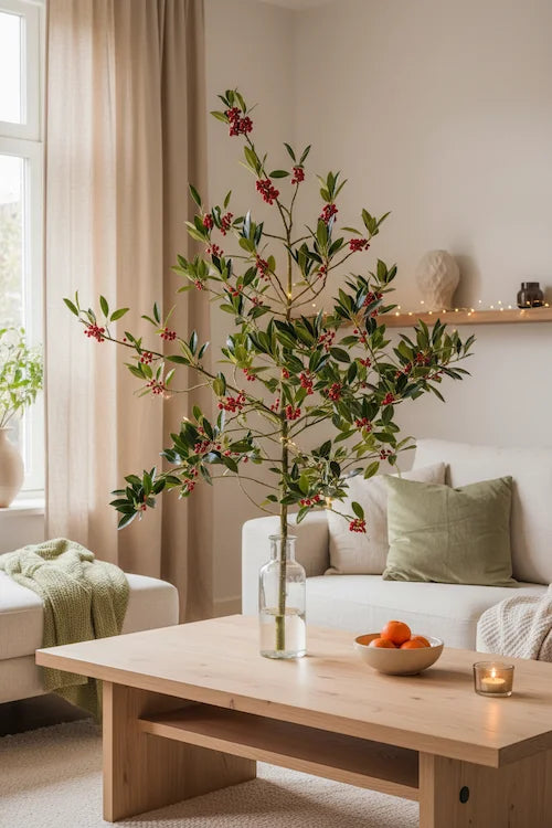 Ilex hulst tak met rode bessen uit NL als kerstboom alternatief bestellen voor een stijlvolle kerst