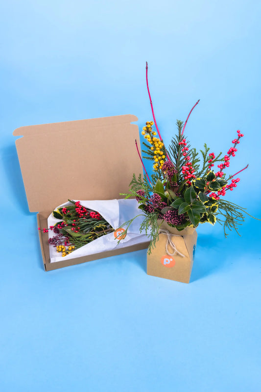 Biologisch kerstgroen cadeau in brievenbus formaat met frisse gele bessen