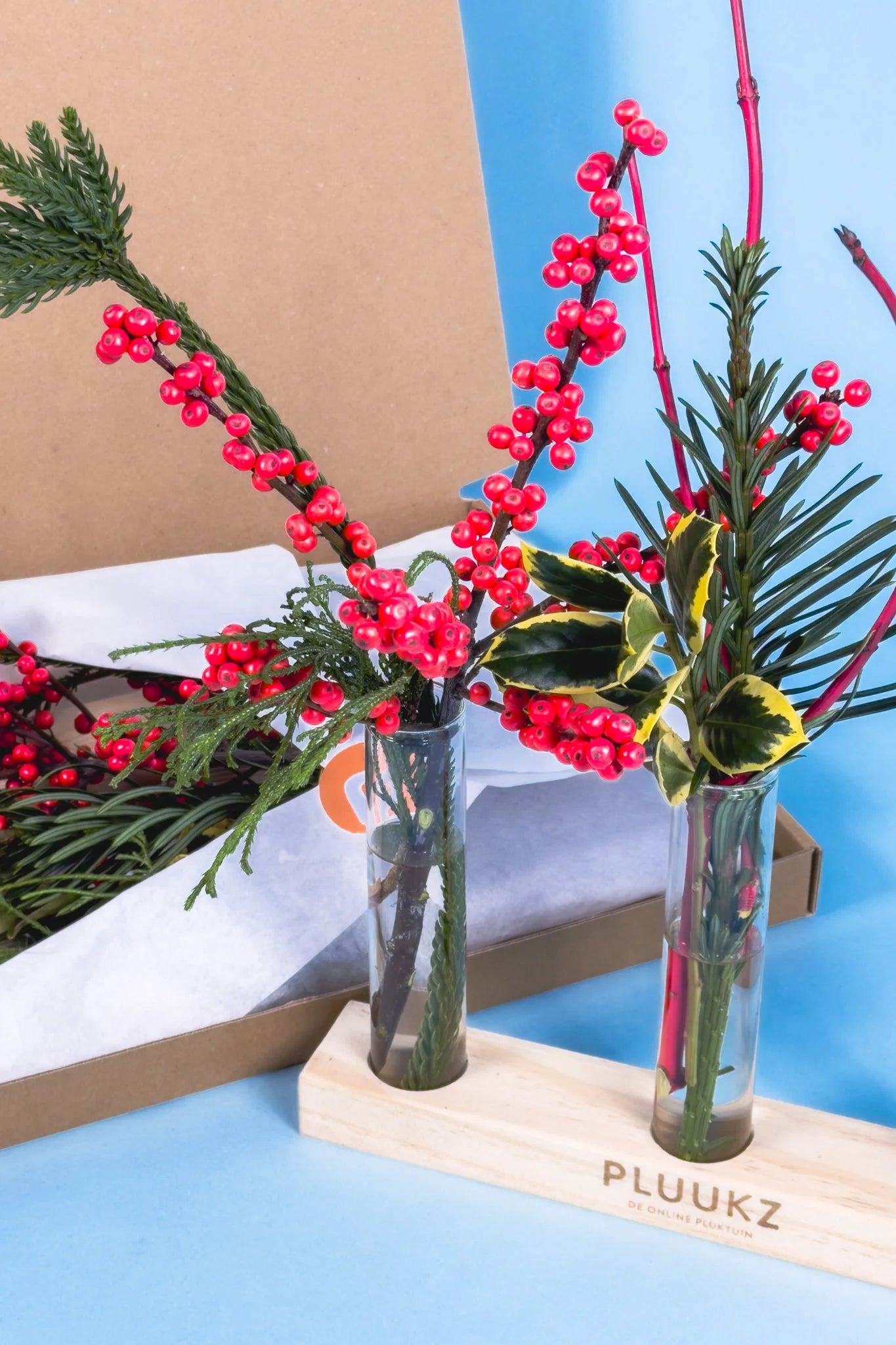 Unieke houder met vaasjes en gifvrije kerst takken